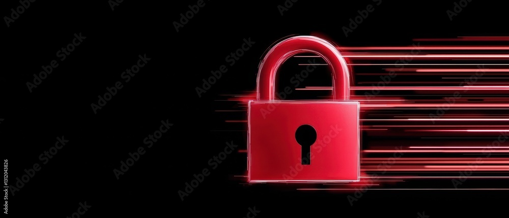Poster endpoint cyber security defense. red padlock icon with motion blur on a black background, symbolizin