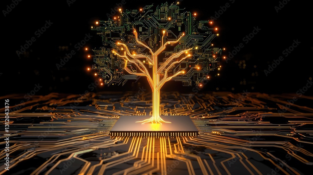 Poster a glowing digital tree sprouting from an intricate circuit pattern, symbolizing ai and sustainabilit