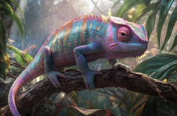A colorful chameleon with vibrant orange, green, and blue stripes perched on a tree branch
