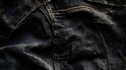 Naklejka premium Close up of wrinkled dark blue denim jacket fabric