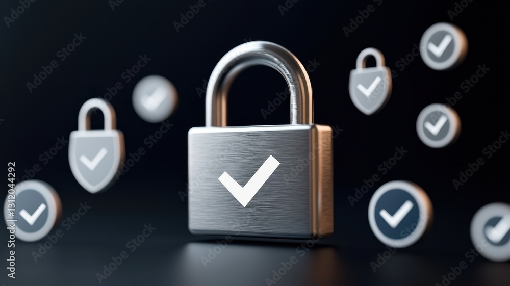 Poster endpoint cyber security defense. secure padlock with checkmarks on a dark background, symbolizing sa