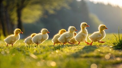 a group of adorable ducklings walking together in a grassy field, bathed in warm sunlight