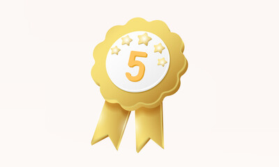 Five star score product warranty icon customer rating reward premium excellent quality guarantee symbol concept floating on pastel background. minimal cartoon style. 3d vector. render illustration