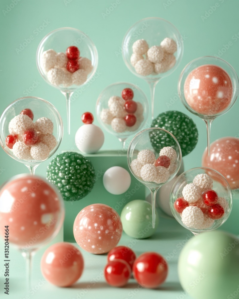 Poster abstract composition featuring red and white spheres in glass domes on pastel green background. vari