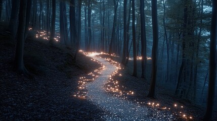 Fototapeta premium Mystical forest path illuminated by soft lights.