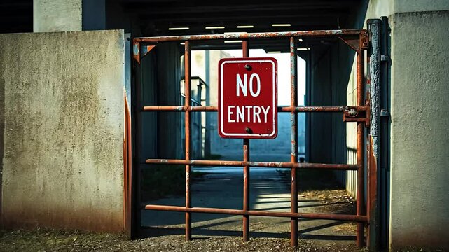 Rusty Metal Gate with Bold Red No Entry Sign Blocking Access to an Abandoned Industrial Area with Concrete Walls


