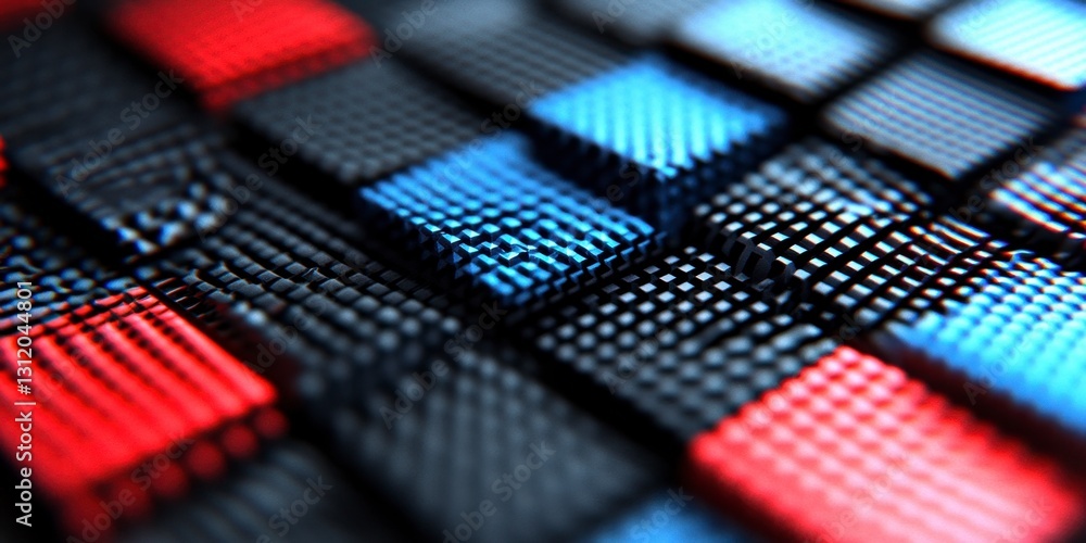 Poster abstract close up of red, blue, and black textured cubes. complex geometric pattern with depth and s
