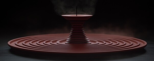 Fototapeta premium Abstract 3D rendering of a dark red, tiered platform with a central incense burner emitting smoke against a black background. Minimalist and serene.