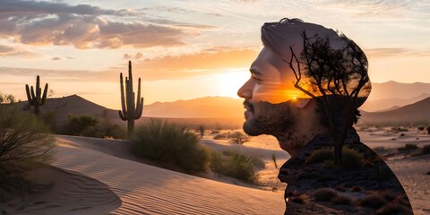 Double Exposure of Nature and Human Concept. Desert Sunset, Mans Silhouette Merges With Natures Majesty, Golden Hour Serenity, Tranquil Desert Landscape, Inner Peace Revealed