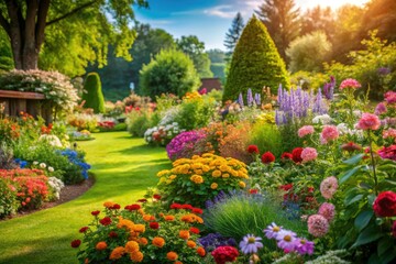 Obraz premium Lush greenery and vibrant flowers in a garden on a warm summer day, outdoor decor, serene landscape, blooming flowers, floral arrangement