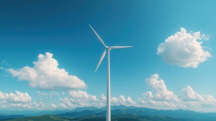 Wind turbine against a blue sky with clouds and mountains.