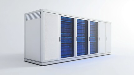 Fototapeta premium A sleek white server rack with blue LED-lit systems, representing advanced data storage and network technology in a minimalistic setting. Ideal for cloud computing, IT, and cybersecurity themes