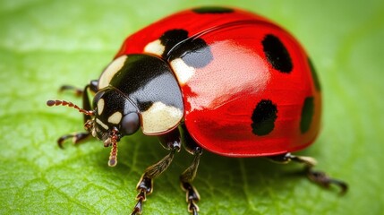Vibrant Close-Up of a Red Ladybug with Black Spots on a Fresh Green Leaf in Natural Surroundings Capturing the Beauty of Nature’s Insects
