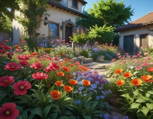 Lush greenery with vibrant flowers blooming in the sun, vibrant colors, colorful blooms, garden scene