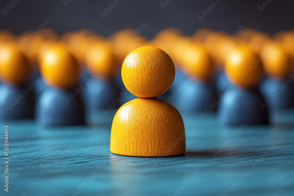 Poster concept of individuality with distinctive yellow figure surrounded by blue figures representing soci
