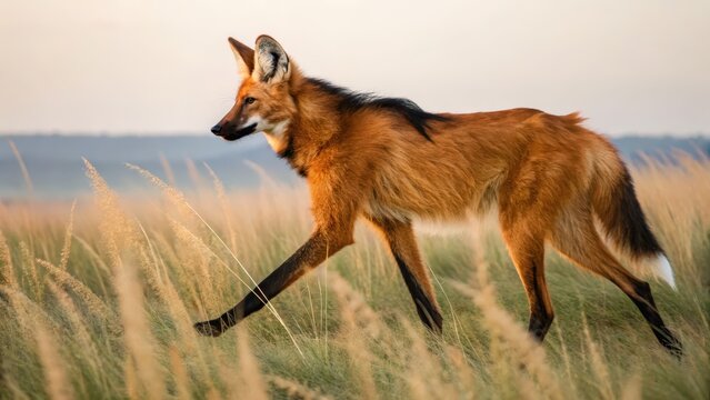 a majestic maned wolf walking gracefully through a field of tall grass during golden hour, its fur glowing in the soft light. The landscape is bathed in a warm, inviting hue