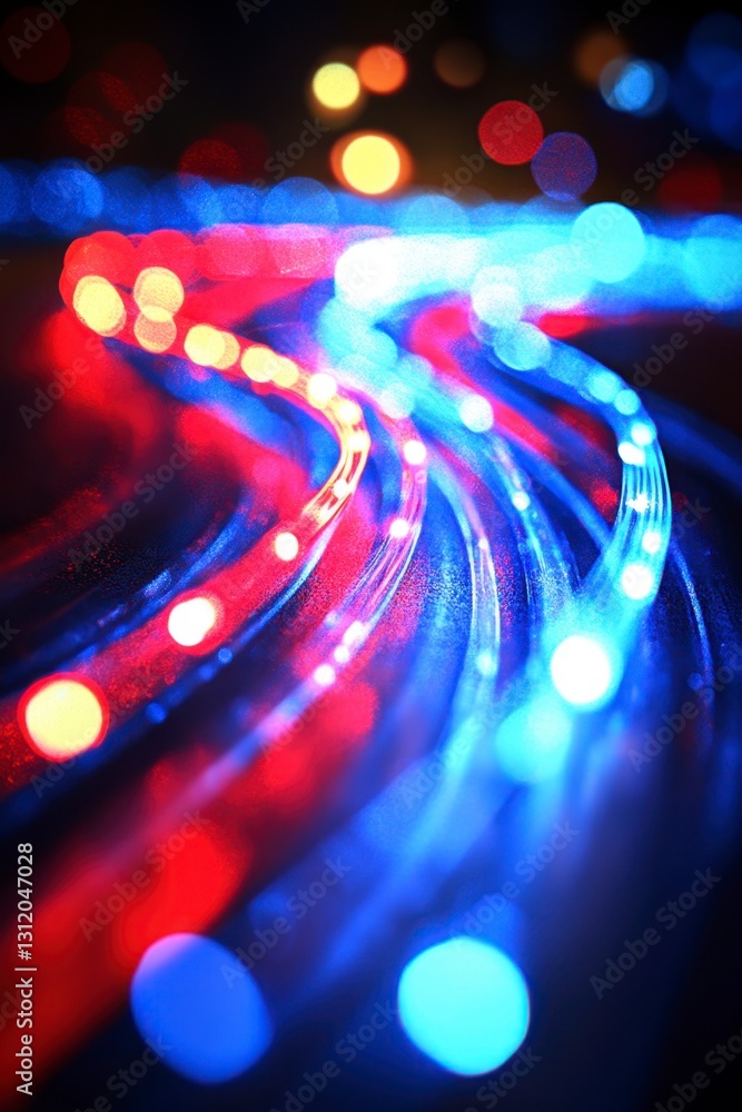 Poster abstract image of red and blue glowing lights swirling in dark background. bokeh effect creates a dr