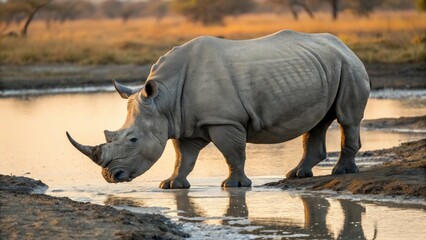 Naklejka premium a rhino approaching water, horn in view, wildlife in the background, a picture of nature