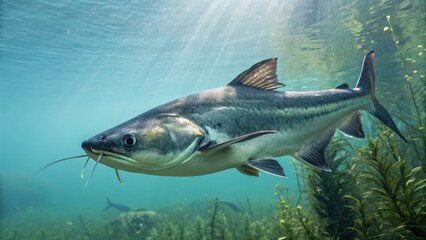 Fototapeta premium a majestic fish swims gracefully underwater among aquatic plants, rays of sunlight filtering down