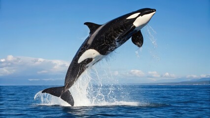 Fototapeta premium a killer whale leaps out of the ocean with splashes against the bright blue sky. The orca shows its striking black and white markings
