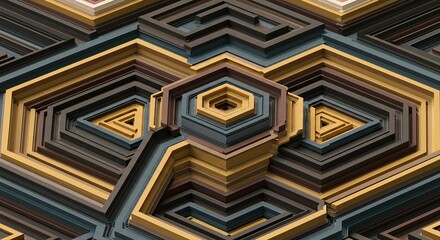 Abstract Geometric Hexagon Pattern Layered Brown Gold Teal 3D Design