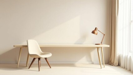 Minimalist home office with beige tones, empty wall mockup, modern chair and desk lamp on a white background, contemporary interior design concept