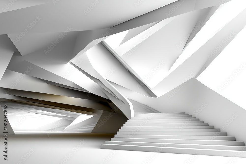 Poster abstract architectural rendering featuring a white, angular interior space with a staircase. sharp g