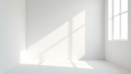 Obraz premium A clean, white room with sunlight streaming in through the window, casting shadows on an empty wall