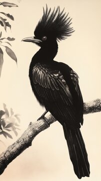 Long-wattled umbrellabird proudly showing off its crest. Vertical
