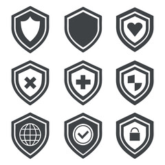 Collection of Various Shield Icons Representing Security, Safety, and Protection