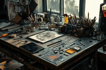 Fototapeta premium Creative tools scattered across an artists workspace, showcasing brushes, pencils, and digital tablets in a bright room filled with natural light