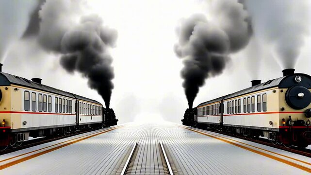 Two vintage steam trains moving on a white background, creating a powerful image of anticipation