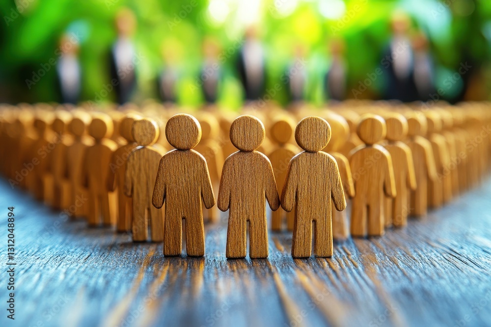 Poster wooden figures representing unity and teamwork in a vibrant outdoor setting with blurred background 