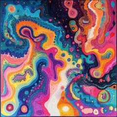 Vibrant Abstract Painting With Swirling Shapes And Textured Details