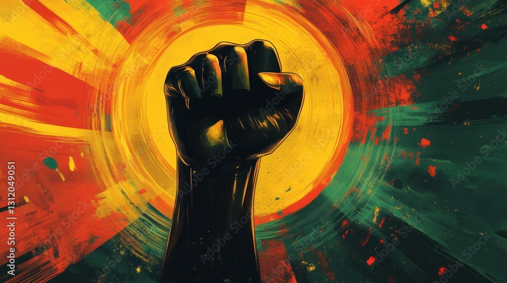 Poster symbol of resistance and unity: an artistic representation of a raised fist in vibrant colors