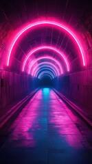 Vibrant neon-lit tunnel showcasing a captivating blend of pink and blue lights at night