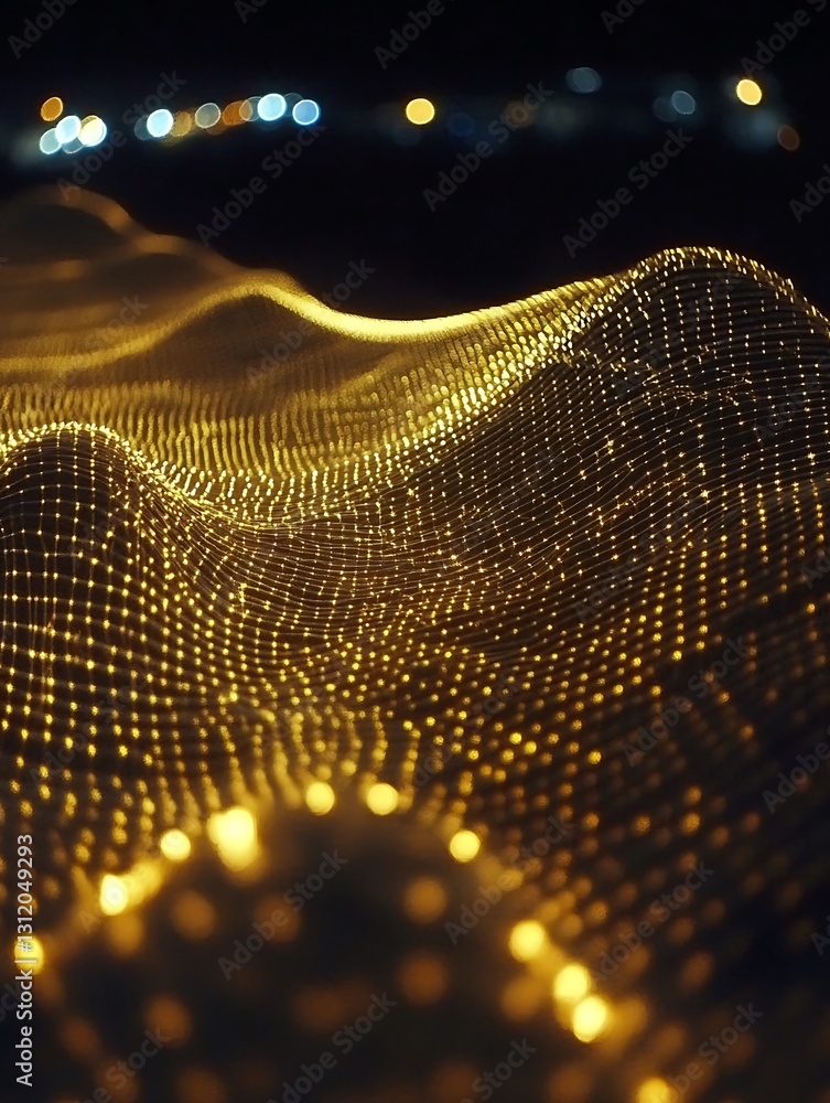 Poster abstract luminous grid with bokeh lights in the background at night