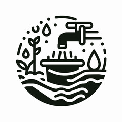 Minimalistic black and white vector illustration on Ecology theme. Circular water saving line design with tap and plants in educational style.