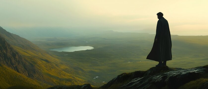 Solitude and Reflection: Silhouette of a person standing atop a mountain, gazing over a vast, misty valley. The dramatic lighting and sweeping landscape evoke introspection and contemplation.