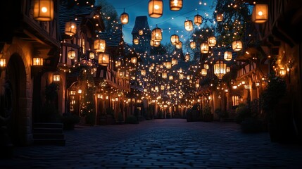 Obraz premium Serene street adorned with glowing lanterns.