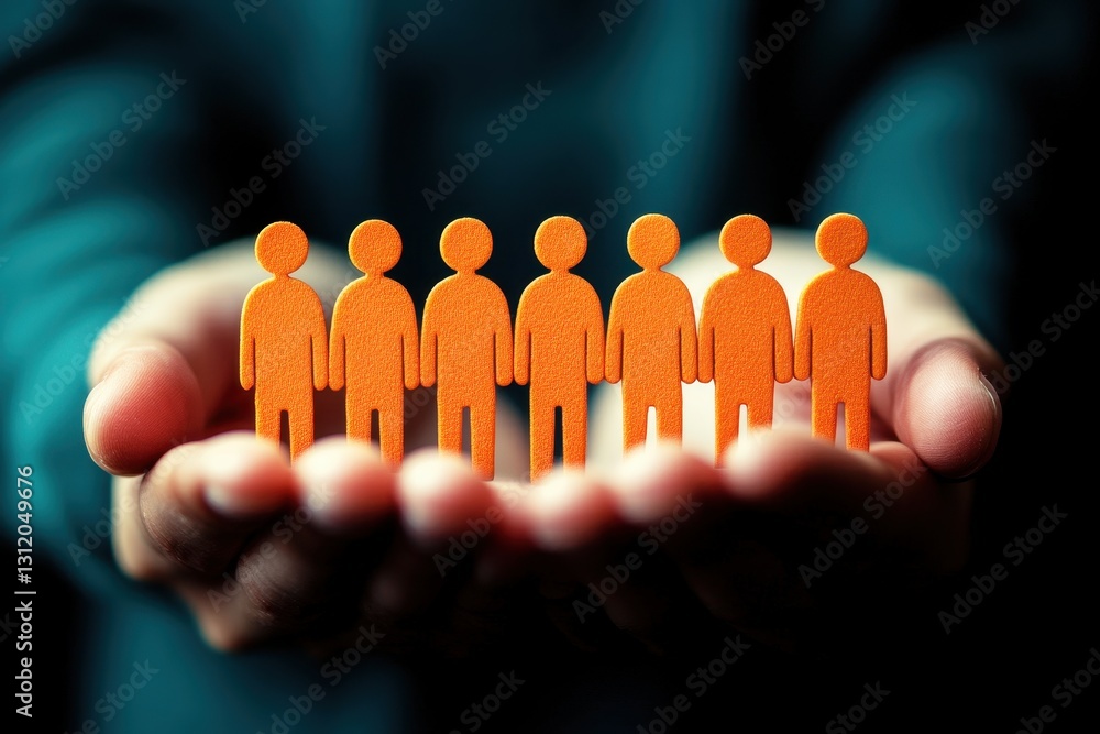 Aufkleber group of small orange figures representing teamwork and collaboration in hands symbolizing support a