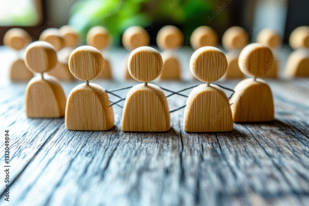 Poster wooden figurines representing teamwork and connection in a collaborative environment with green back