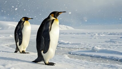 two penguins standing on a snowy expanse. The penguins are black and white with yellow markings