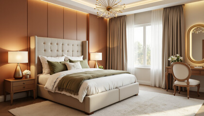 Elegant modern bedroom with warm tones and stylish decor, luxury living