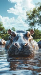 Fototapeta premium Hippos relaxing in a serene water pool during a beautiful sunny day in a vibrant nature setting