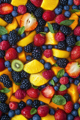 Obraz premium Vibrant assorted fruits with berries, kiwi, and mint leaves background