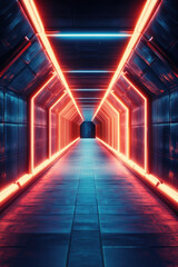 Futuristic neon corridor with glowing red and blue lights