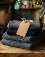 Cozy stacked towels with a blank tag.