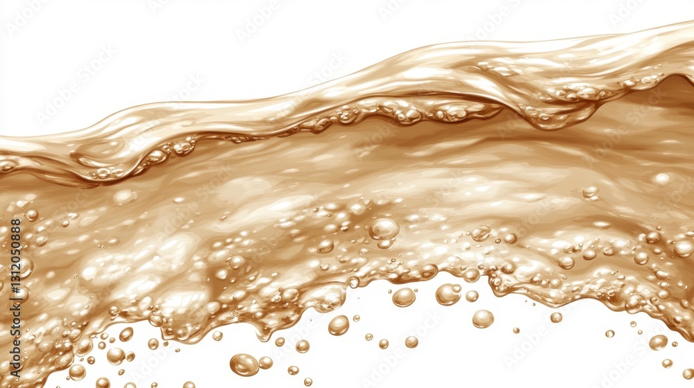 Poster abstract image of beige liquid flowing with bubbles, creating a wave like pattern against a white ba