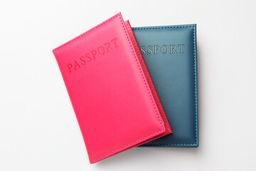 Passports in color covers on light background, top view